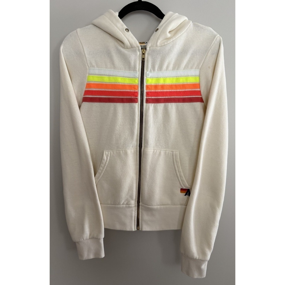 Aviator Nation‎ 5 Stripe Zip Hoodie Vintage White/White Neon Size XS